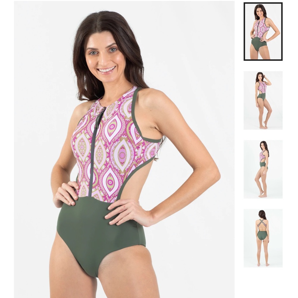Wave life paradise garden halter one piece swim criss cross back high waist zip